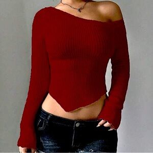 Red ribbed off shoulder long sleeve top #offshoulder